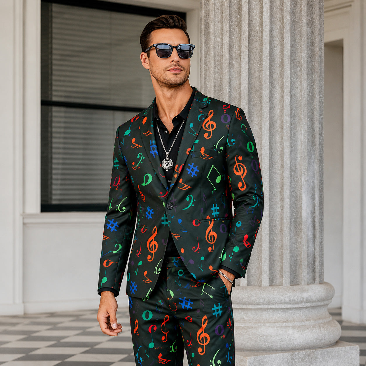 A stylish man wearing sunglasses and a silver necklace chain, modeling a Wisholic dark green men's printed suit with colorful musical notes next to a classical building pillar.