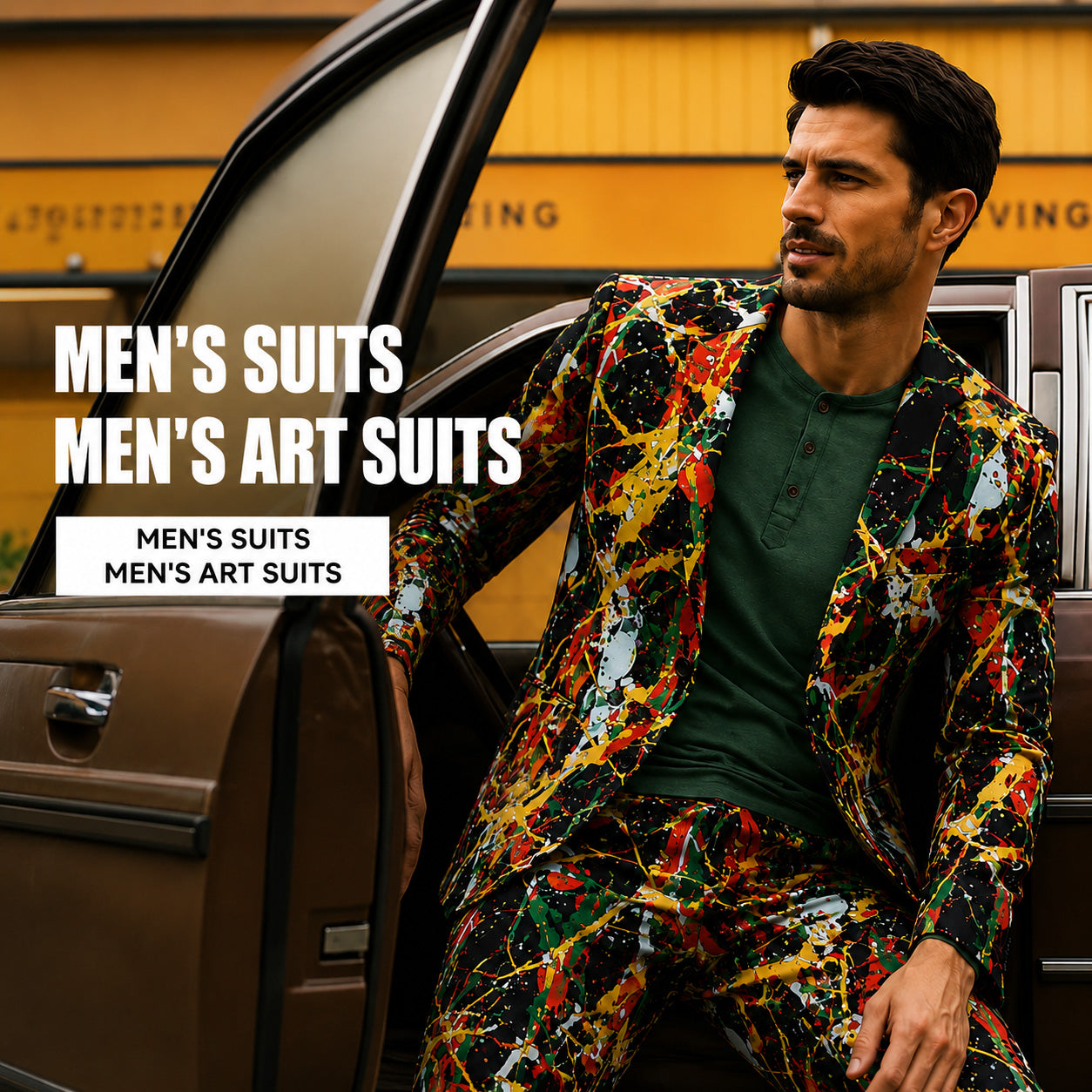 Stand out in any crowd.
Our artistic colorful print suit brings life to outdoor gatherings, dates, and celebrations with its joyful abstract pattern.