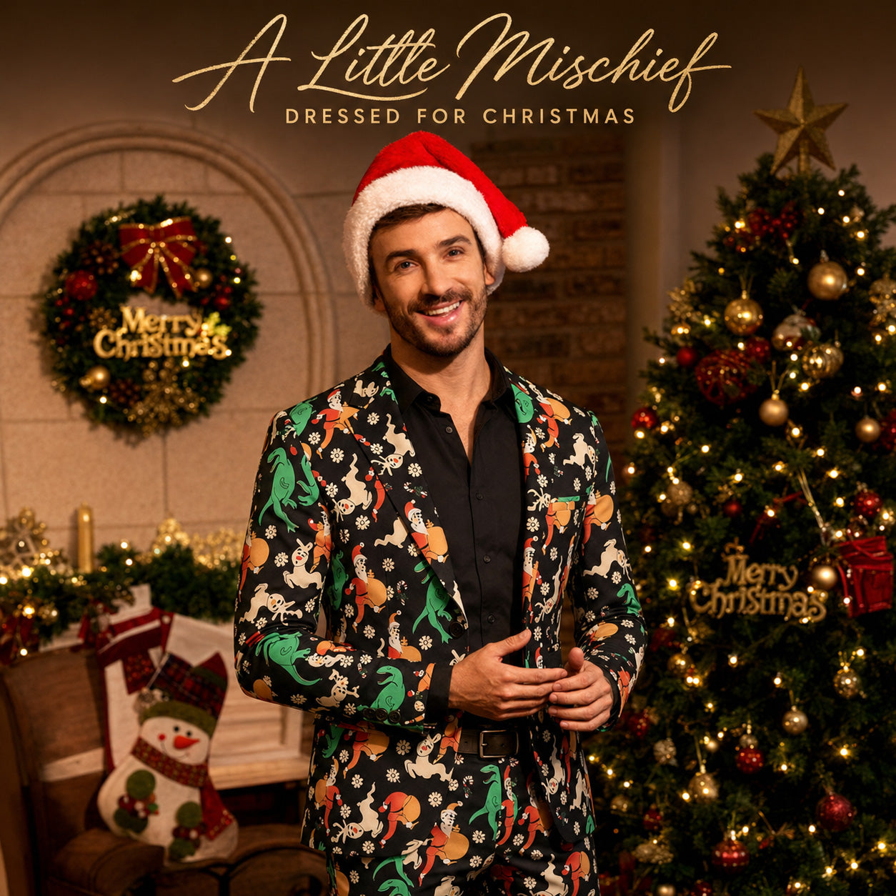 Men's funny Christmas printed blazer jacket with Santa hat holiday outfit | WISHOLIC
