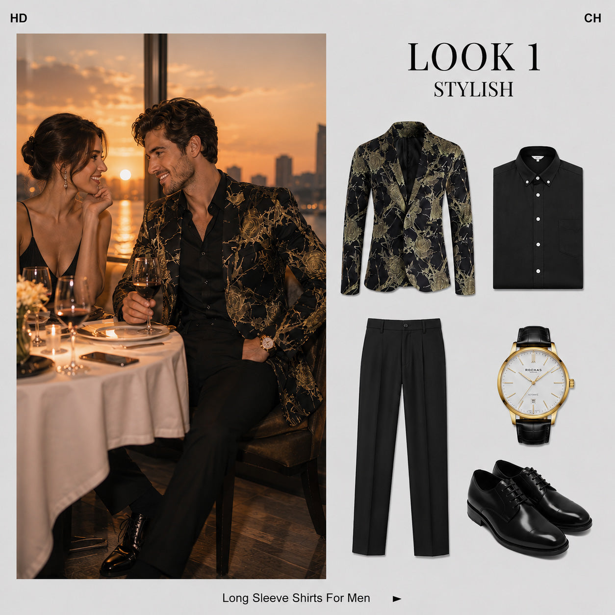 Romantic romantic dinner date outfit idea featuring a luxury men's black and gold printed blazer jacket.