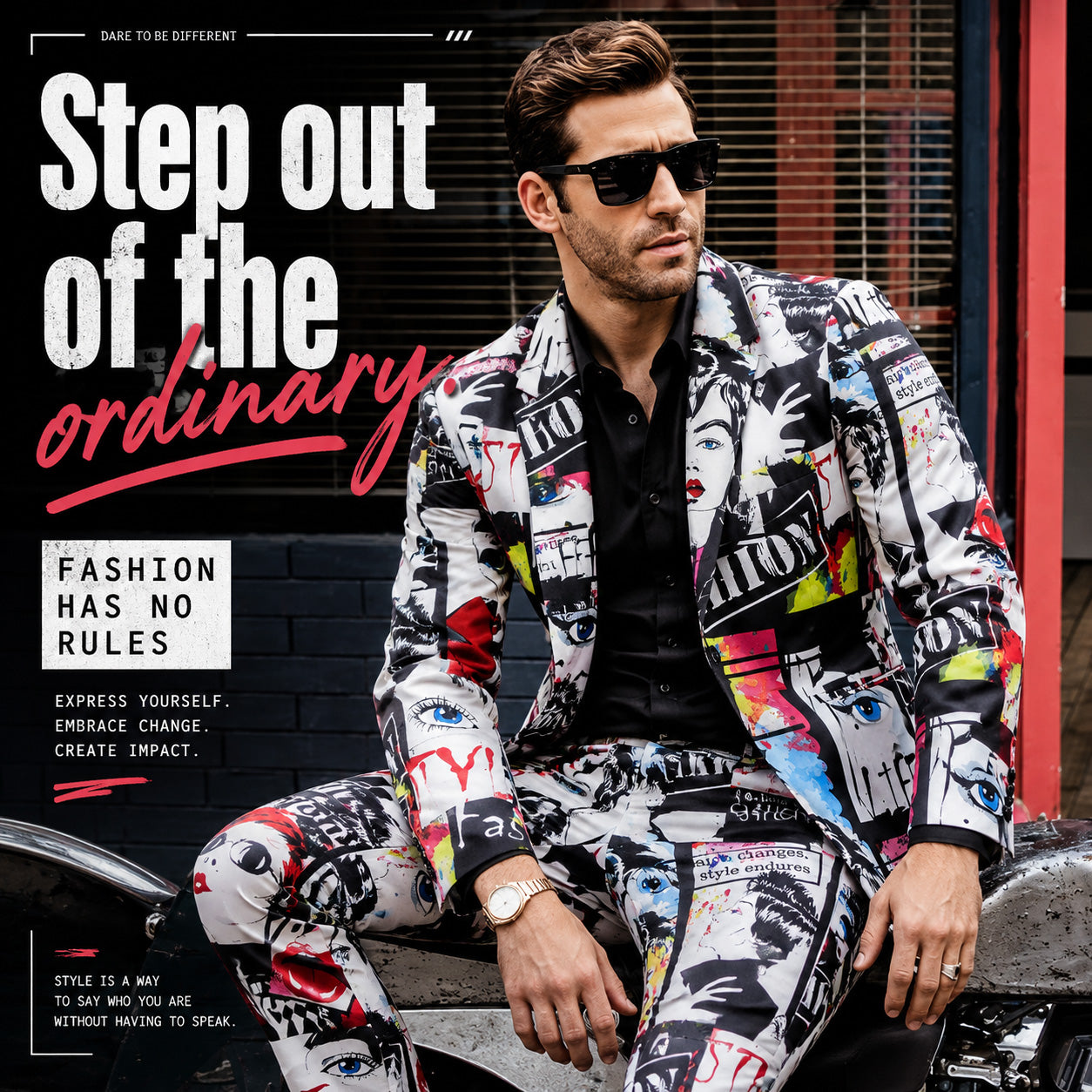 Fashion poster featuring a man in a black shirt and colorful graffiti printed suit sitting on a motorcycle.