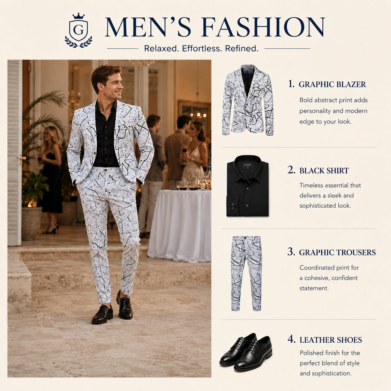 Men's fashion infographic showing a full graphic blazer and trousers set with a black shirt and leather shoes.