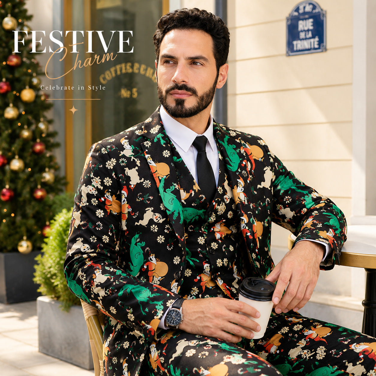 Close up of handsome man wearing black printed Christmas suit sitting at cafe