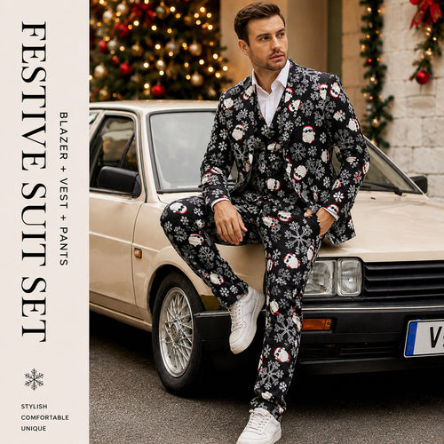 Men's festive 3-piece suit set featuring blazer, vest, and pants with Christmas print | WISHOLIC