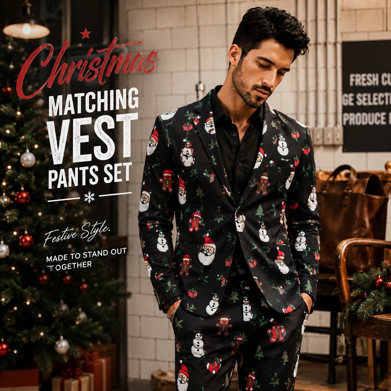 Men's festive Christmas pattern suit and pants set featured next to a decorated Christmas tree.