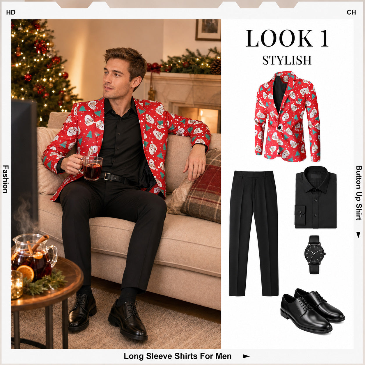 Men's Christmas printed blazer styled with black trousers for holiday look - WISHOLIC