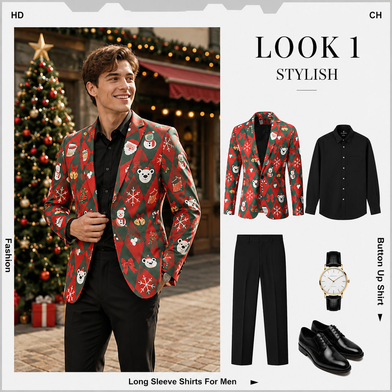 Styling guide showing a men's festive Christmas blazer paired with black trousers, black shirt, and dress shoes.