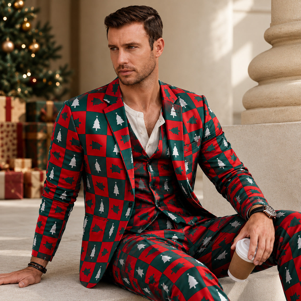 Man sitting outdoors wearing a WISHOLIC red and green Christmas pattern suit holding coffee