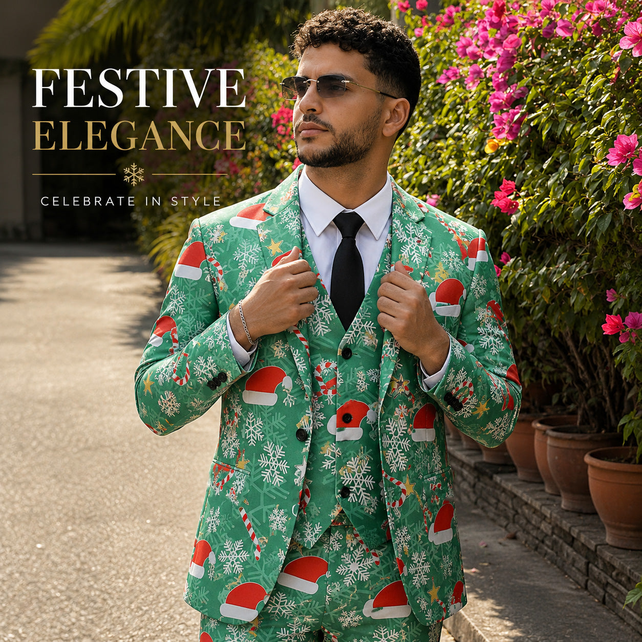 Model holding jacket lapels wearing a green Christmas 3-piece suit by WISHOLIC
