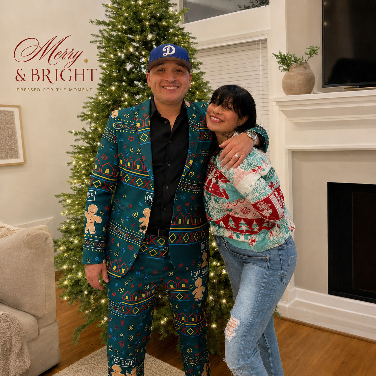 Man in green gingerbread print suit posing next to Christmas tree at home holiday gathering - WISHOLIC