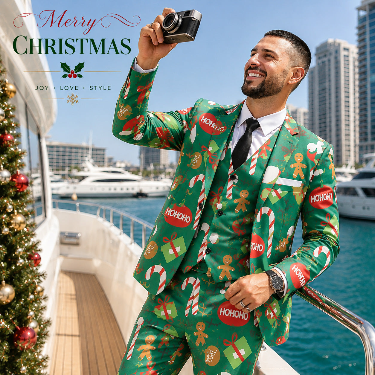 Man taking photo on a yacht wearing a green Christmas printed suit with HoHoHo and candy cane graphics by WISHOLIC