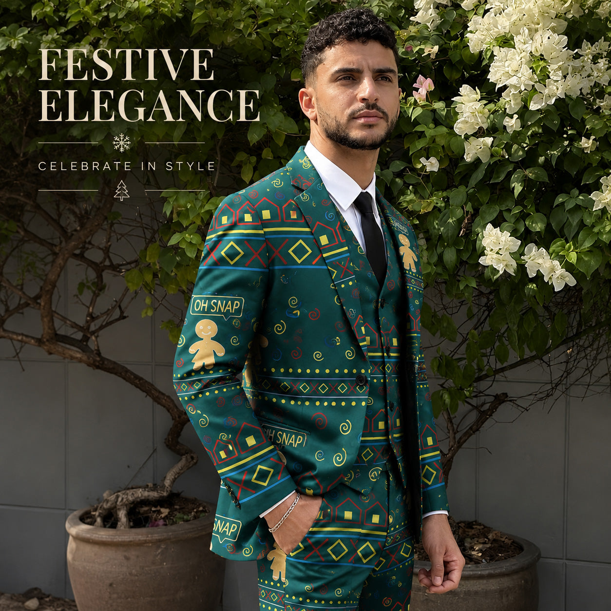 WISHOLIC men's festive green gingerbread pattern suit jacket for holiday celebrations.