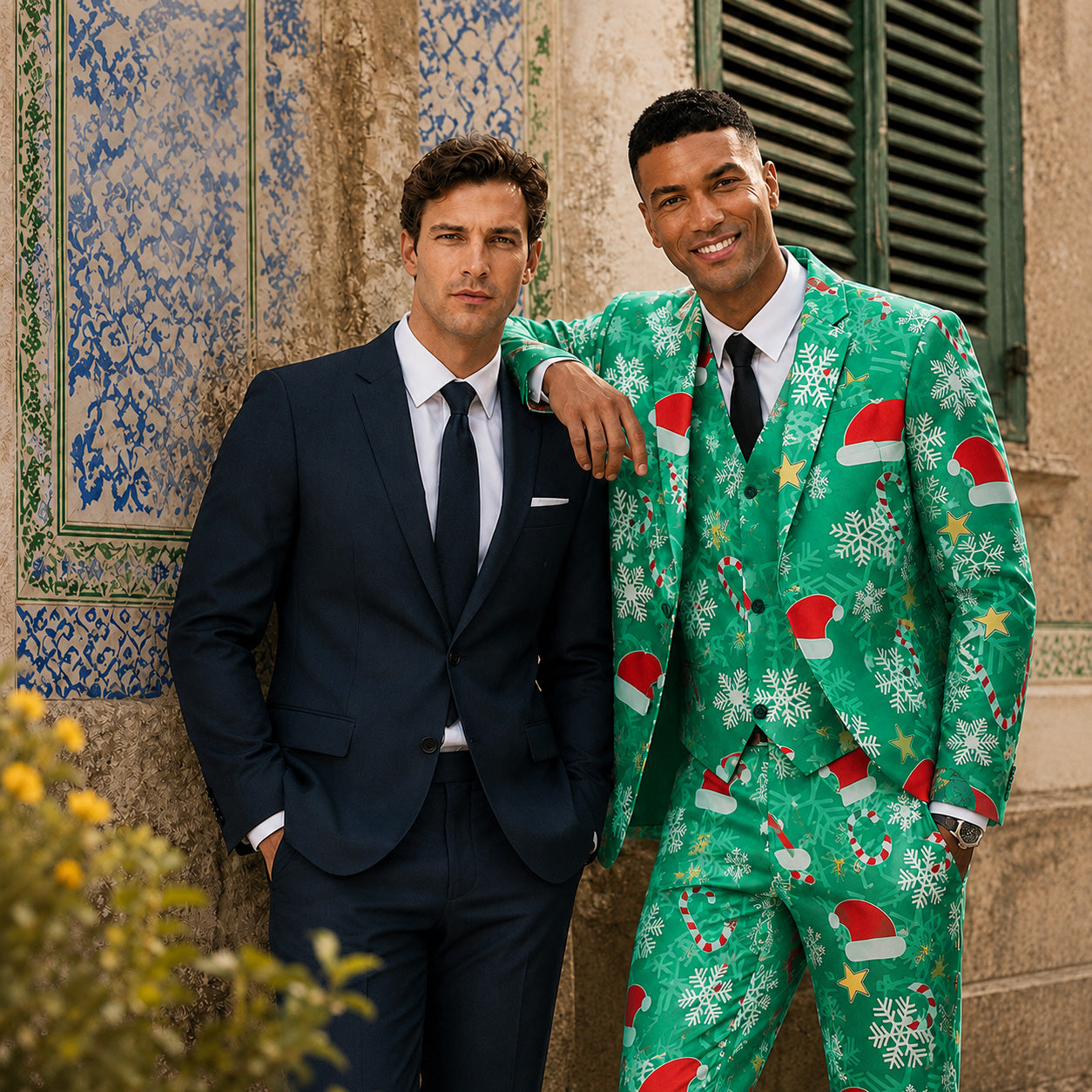 Model sitting and reading a book in a green festive Christmas printed suit by WISHOLIC