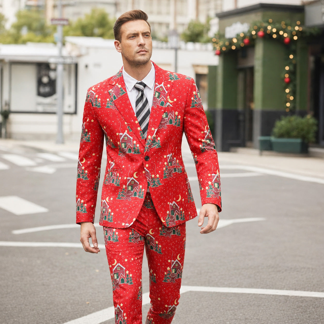 Model wearing a red Christmas print suit with gingerbread house and tree pattern by fireplace | WISHOLIC
