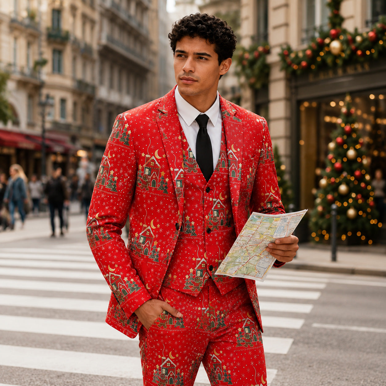 Model wearing a men's red christmas suit with gingerbread prints holding a map on the street