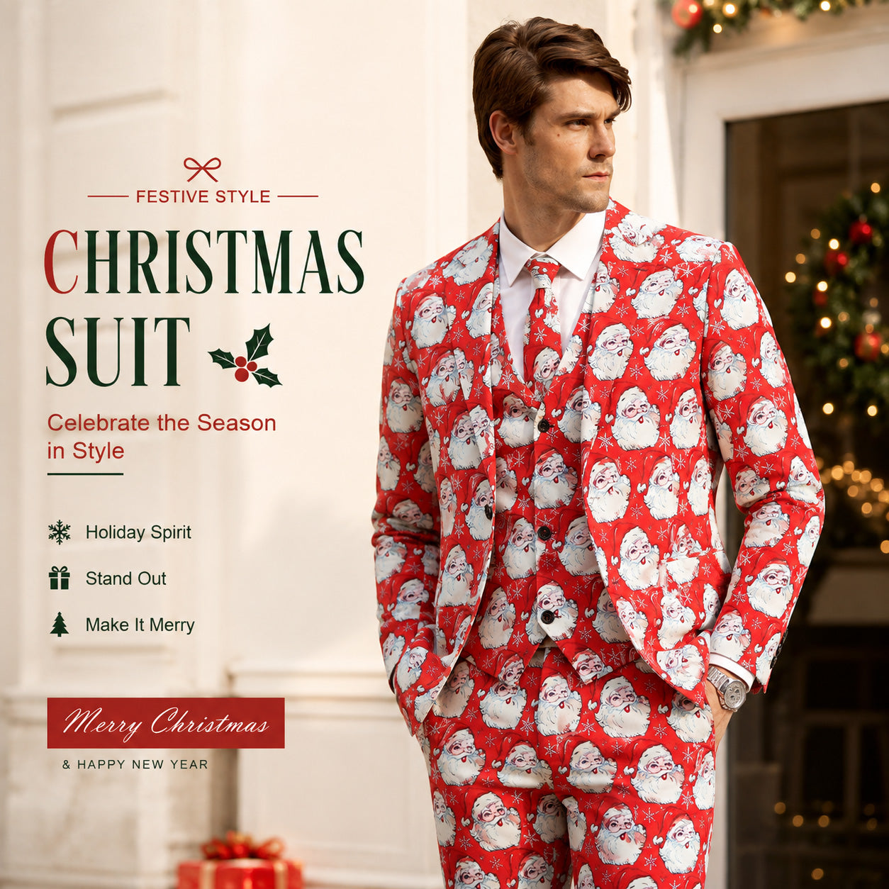Festive red Santa Claus printed men's suit for Christmas and New Year celebrations - WISHOLIC