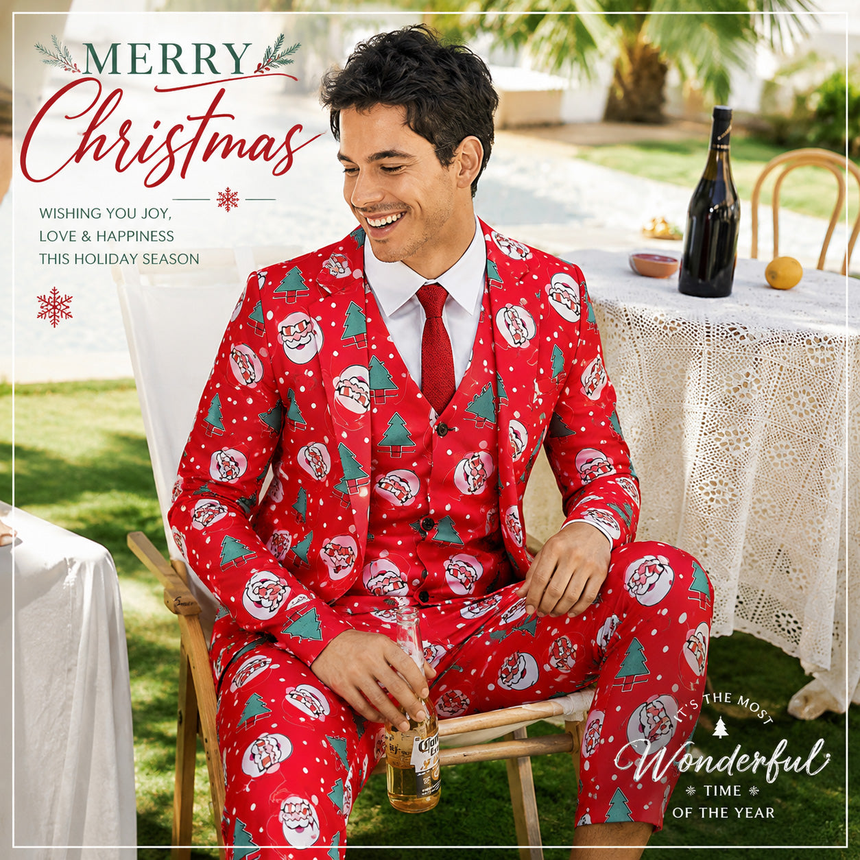 Man relaxing outdoors in a red Santa print 3-piece holiday suit holding a bottle by WISHOLIC