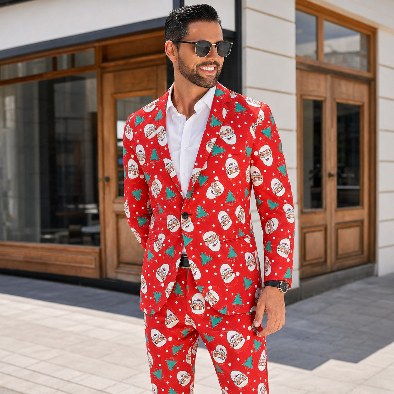 Full body shot of men's red Santa Claus print party suit - WISHOLIC