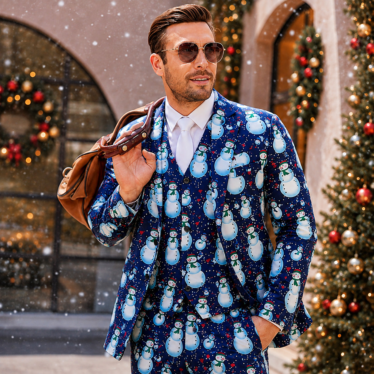 Men's blue snowman pattern holiday suit standing next to traditional Christmas nativity scene | WISHOLIC