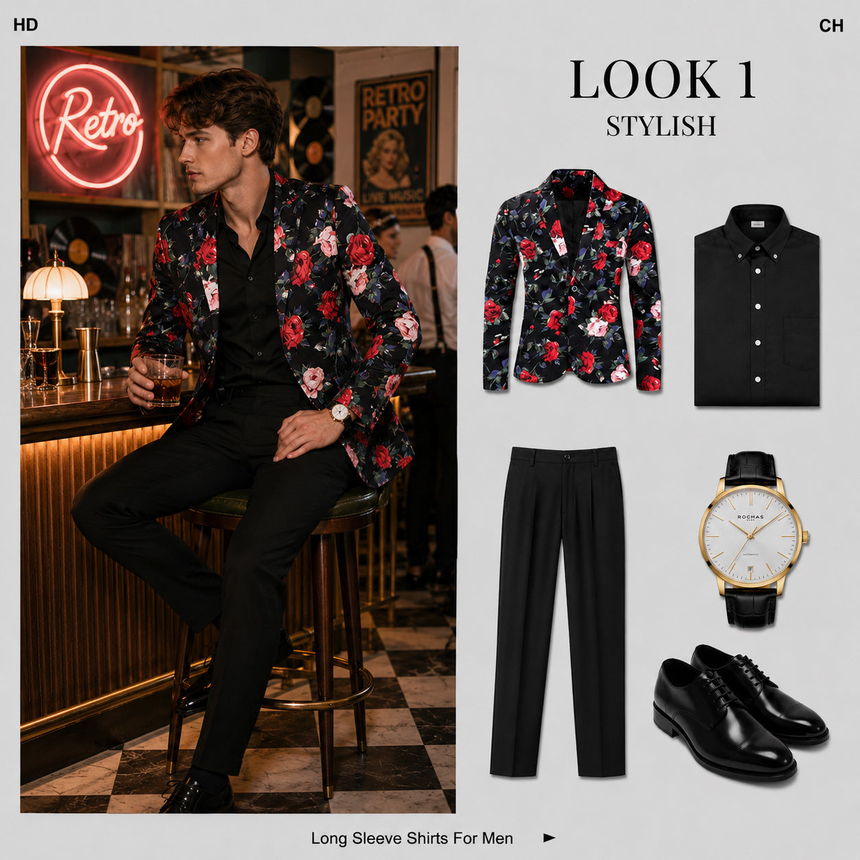 Men's evening party styling guide showcasing a black floral blazer with red roses paired with solid black dress pants, a black button-up shirt, and leather dress shoes.