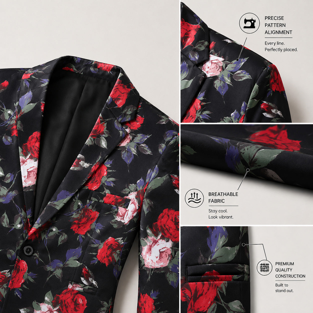 Close-up details of a premium men's floral suit jacket highlighting the precise pattern alignment, breathable fabric texture, and premium quality pocket construction.