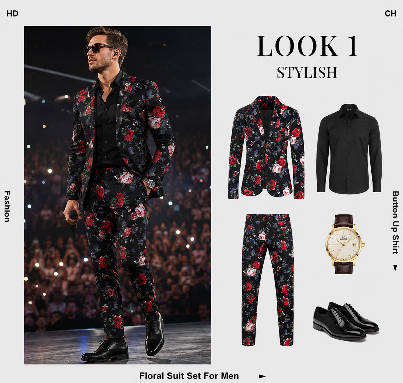 Shopify product lookbook infographic featuring a complete men's floral suit set including a black rose print blazer, matching trousers, a black dress shirt, gold watch, and black oxford shoes.