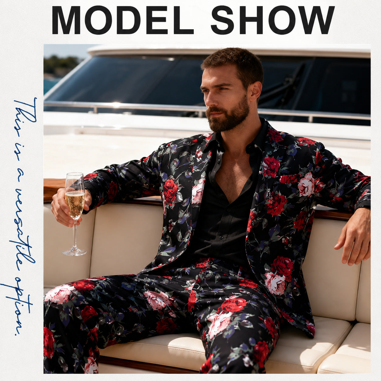 A model relaxing on a luxury yacht holding a champagne glass, wearing a stylish black and red floral patterned blazer suit set.