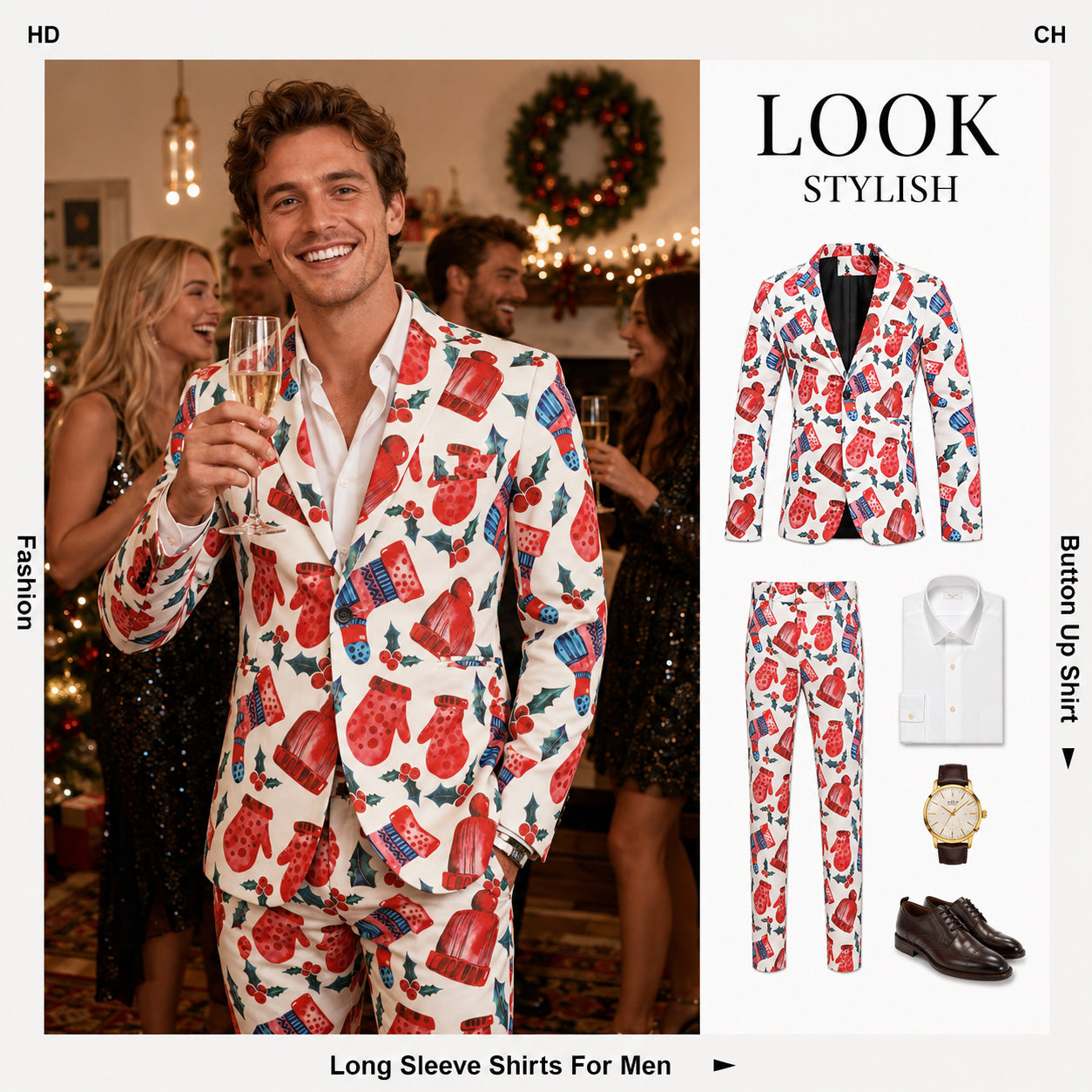 Mens complete Christmas outfit idea featuring 2-piece printed suit, white button-up shirt, watch, and brown leather shoes.