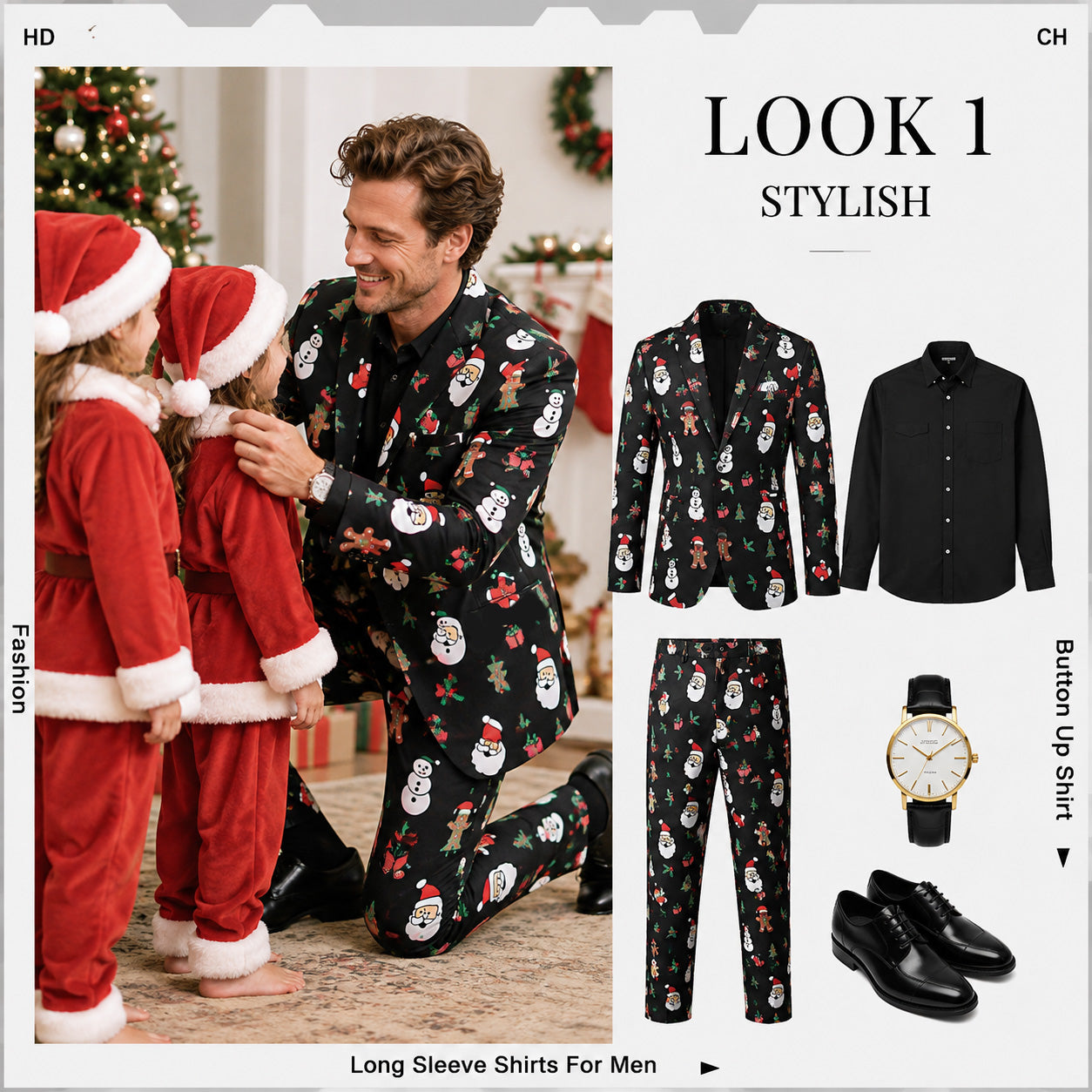 Holiday style guide showing a full men's Christmas printed suit set paired with a black button-down shirt and dress shoes.