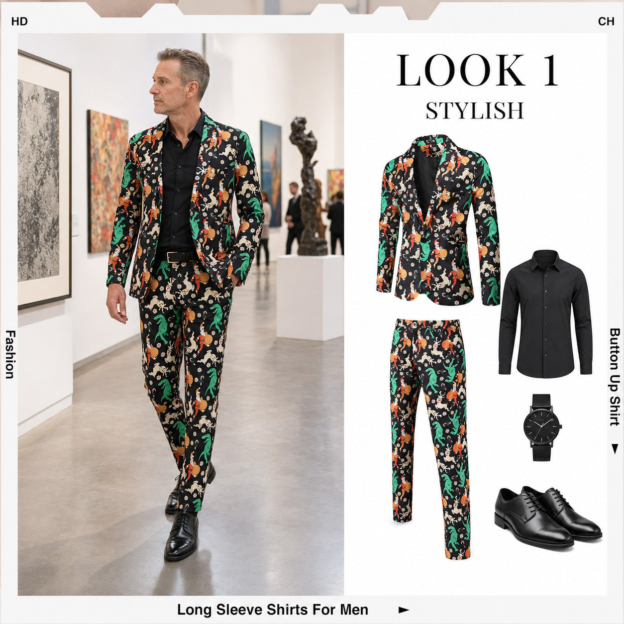 Full printed Christmas suit set paired with black shirt and dress shoes | WISHOLIC