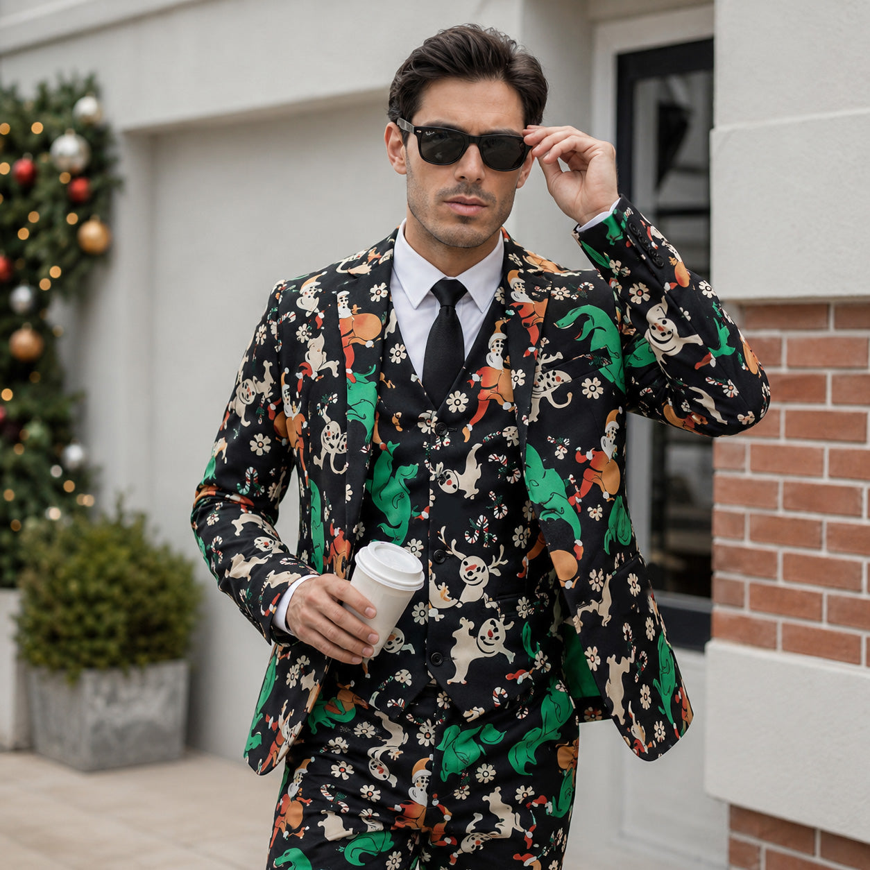 Model wearing black Christmas suit with dinosaur santa pattern holding coffee outdoors