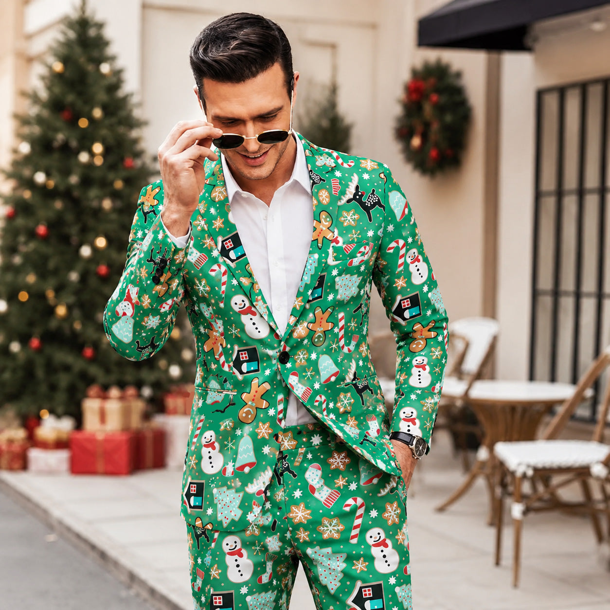 Handsome man in a green gingerbread and snowman printed christmas suit posing outdoors with sunglasses.