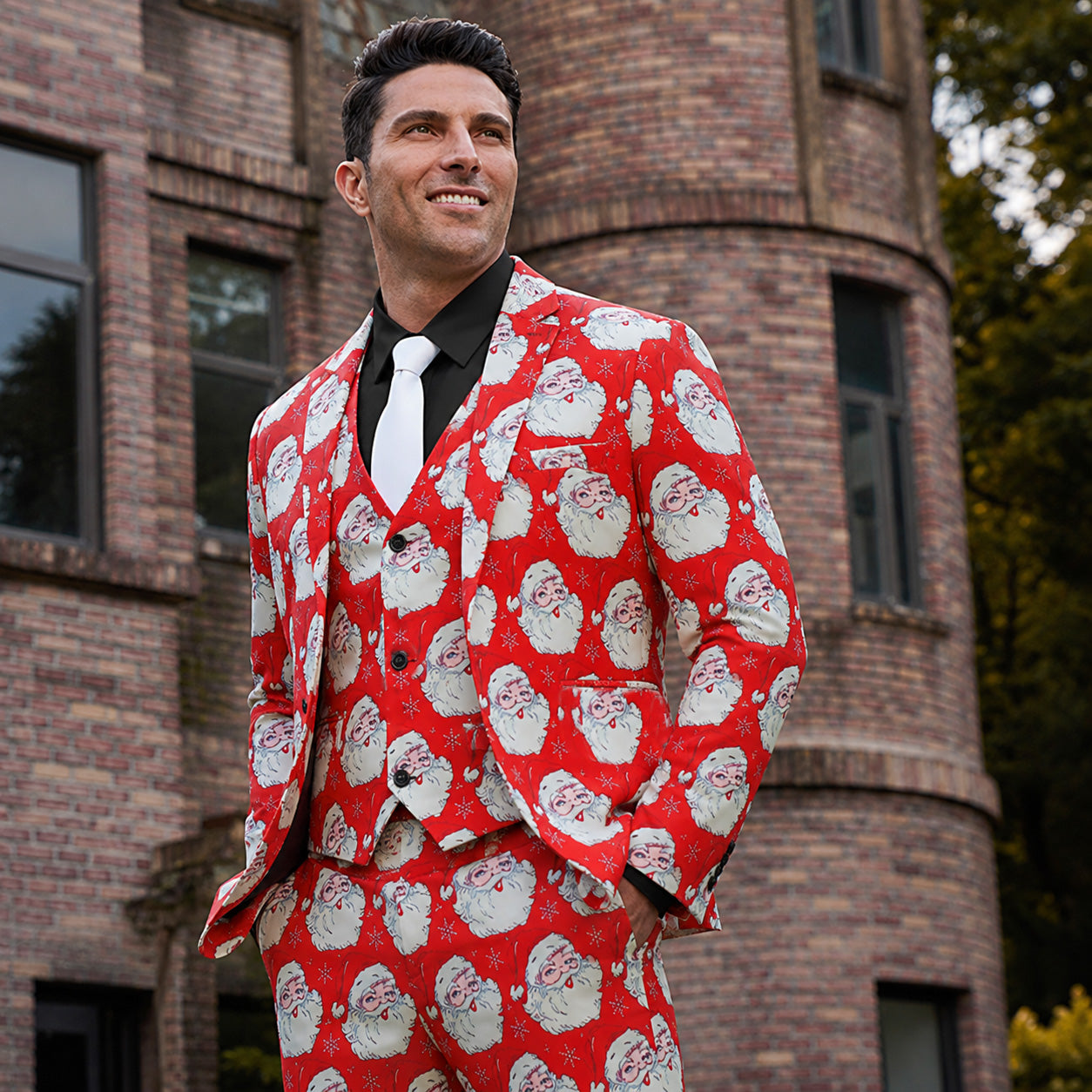 Model wearing men's funny Santa Claus printed red Christmas suit in outdoor setting - WISHOLIC