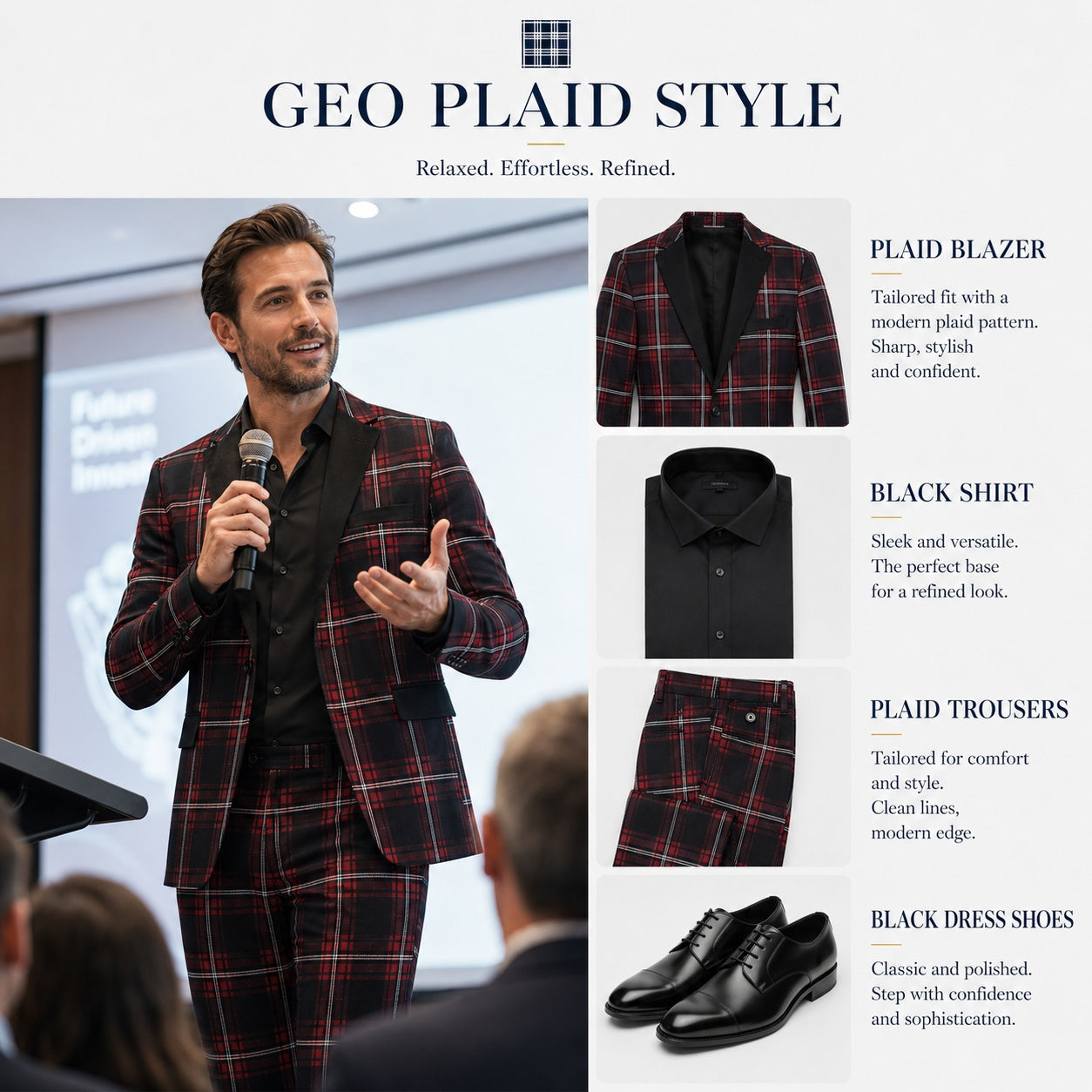 A styling guide for the Geo Plaid Style suit, featuring a red plaid blazer, black dress shirt, matching plaid trousers, and classic black dress shoes.