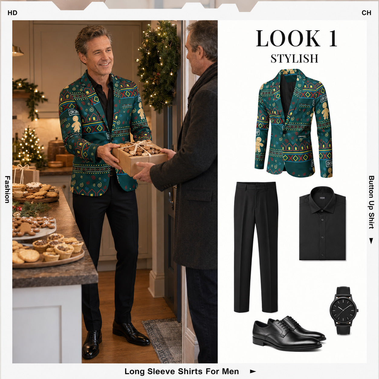 Men's green gingerbread Christmas blazer paired with black trousers outfit guide - WISHOLIC