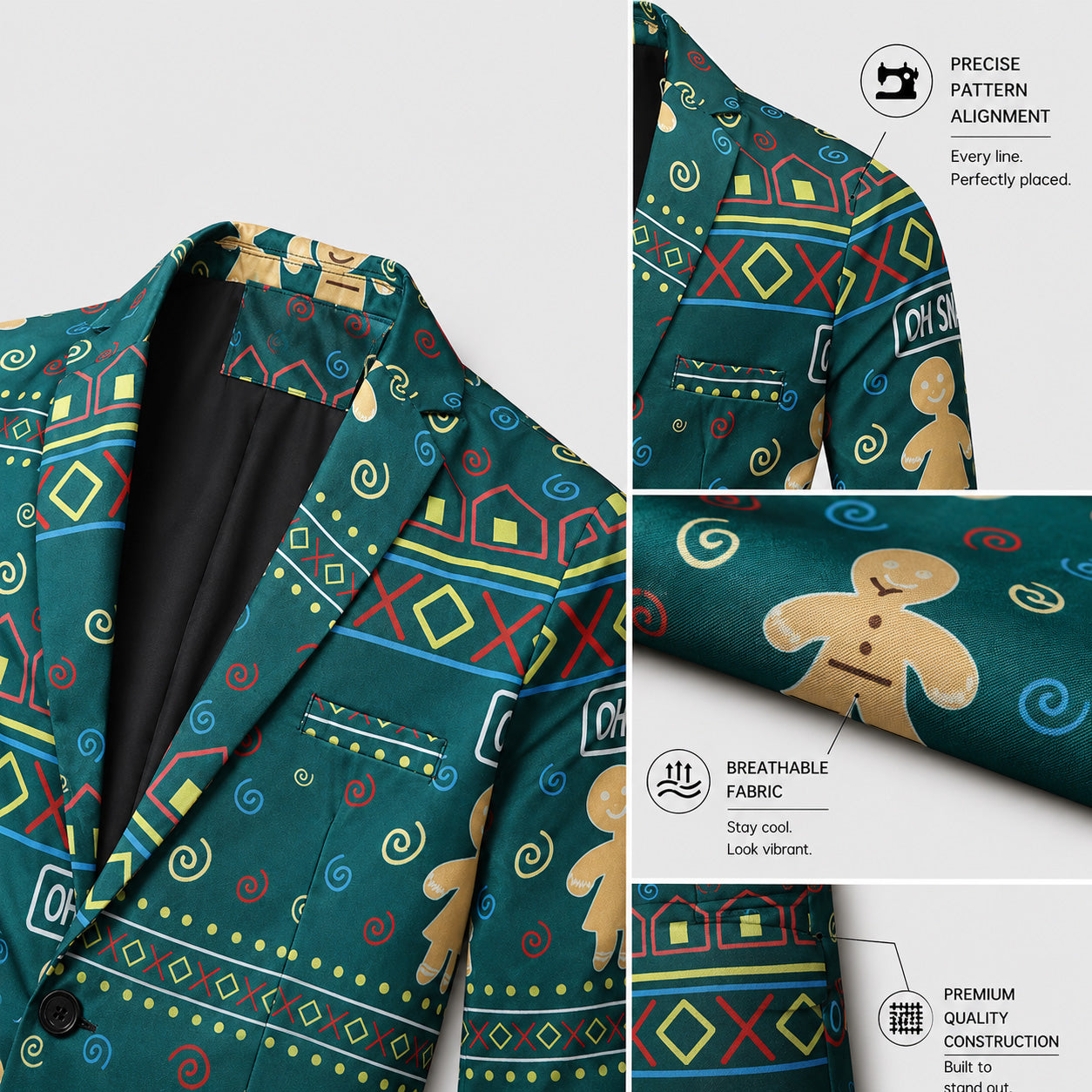 Close-up detail of green gingerbread print pattern and premium fabric construction on Christmas suit - WISHOLIC