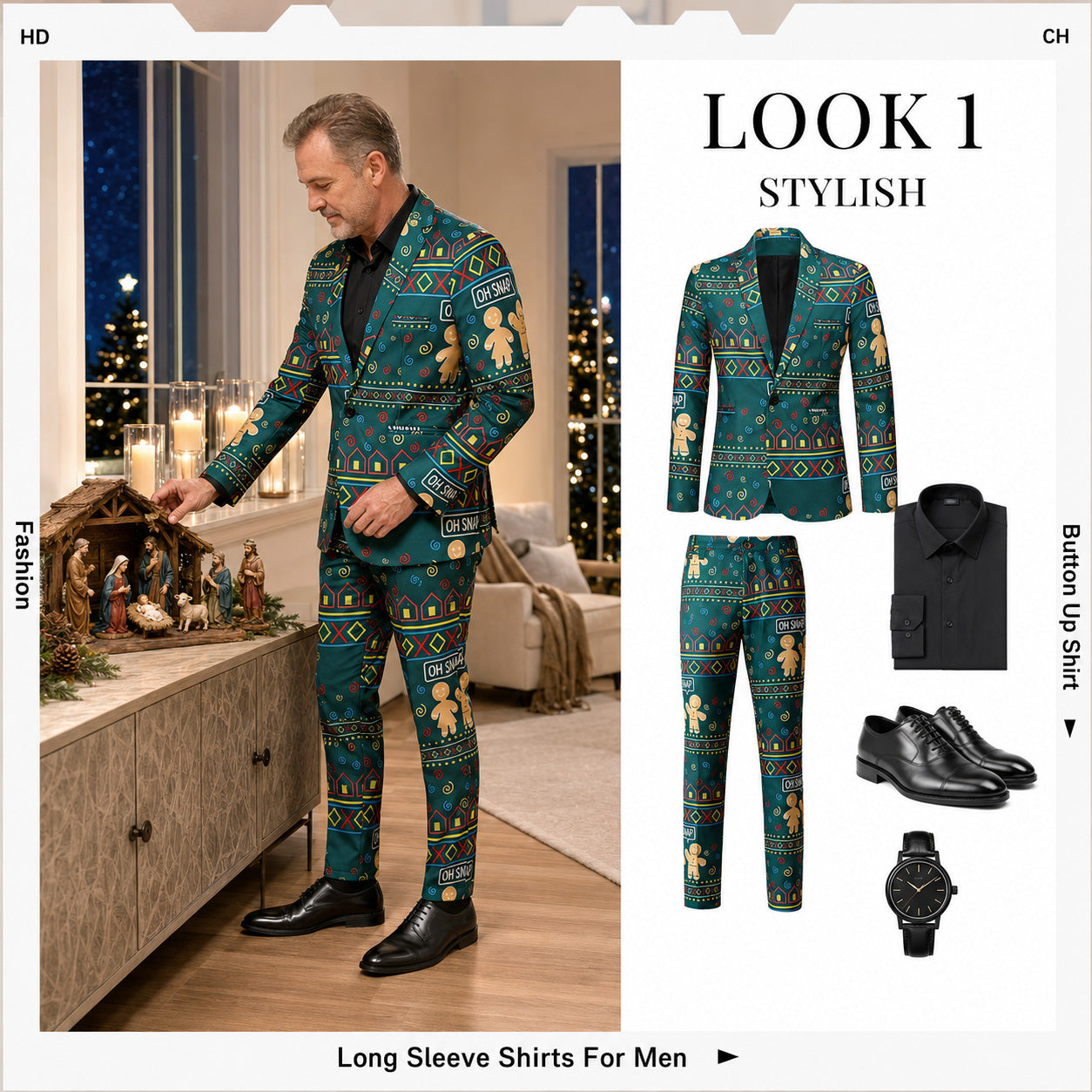 Men's green gingerbread Christmas suit outfit coordination guide with black shirt and dress shoes - WISHOLIC