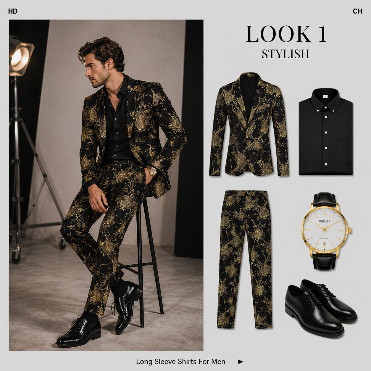 Shopify Lookbook 1: How to style a men's gold floral suit with a black shirt, leather shoes, and a gold watch.