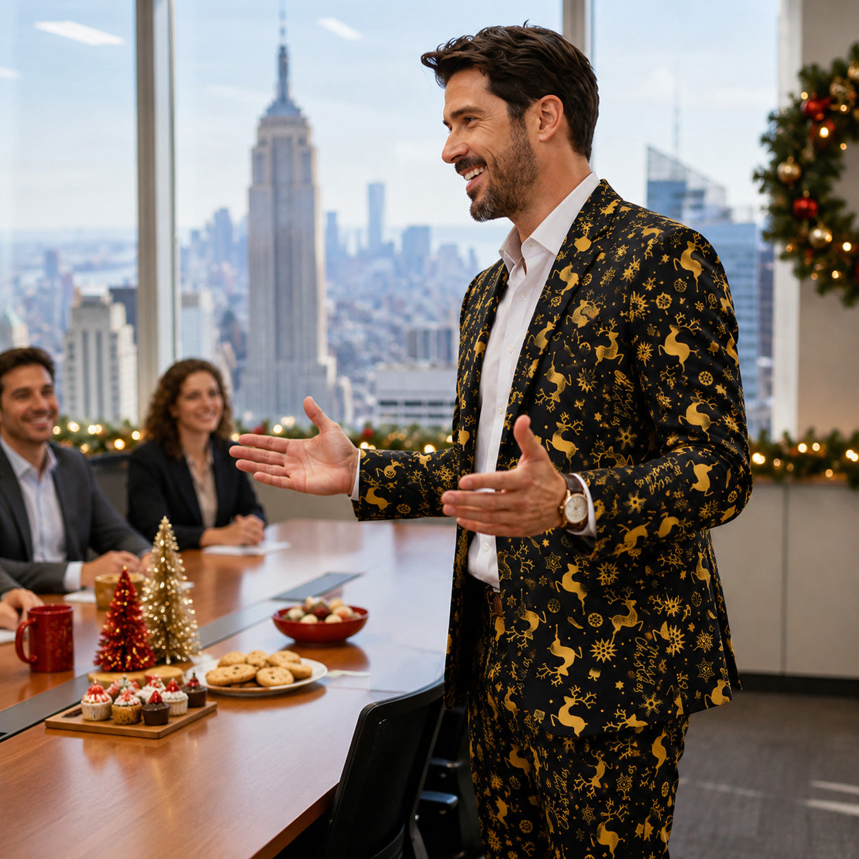 Man wearing a black and gold reindeer Christmas suit at an office party, by WISHOLIC.