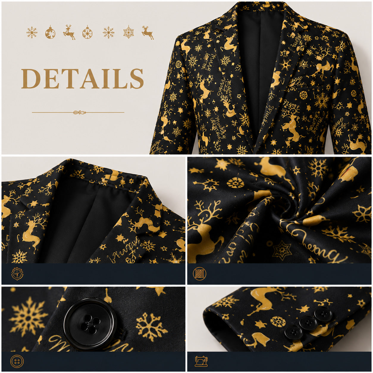 Close-up details of fabric, lapel, buttons, and sleeve of men's gold Christmas suit, by WISHOLIC.