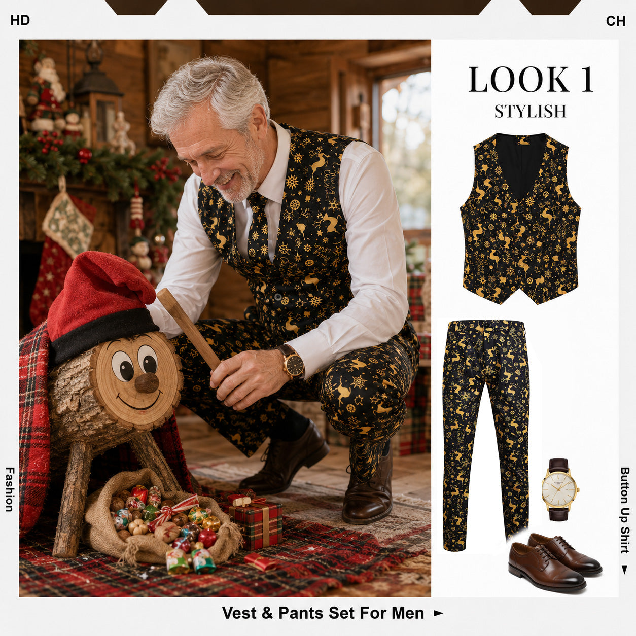 Men's gold reindeer pattern vest and pants suit set layout, by WISHOLIC.