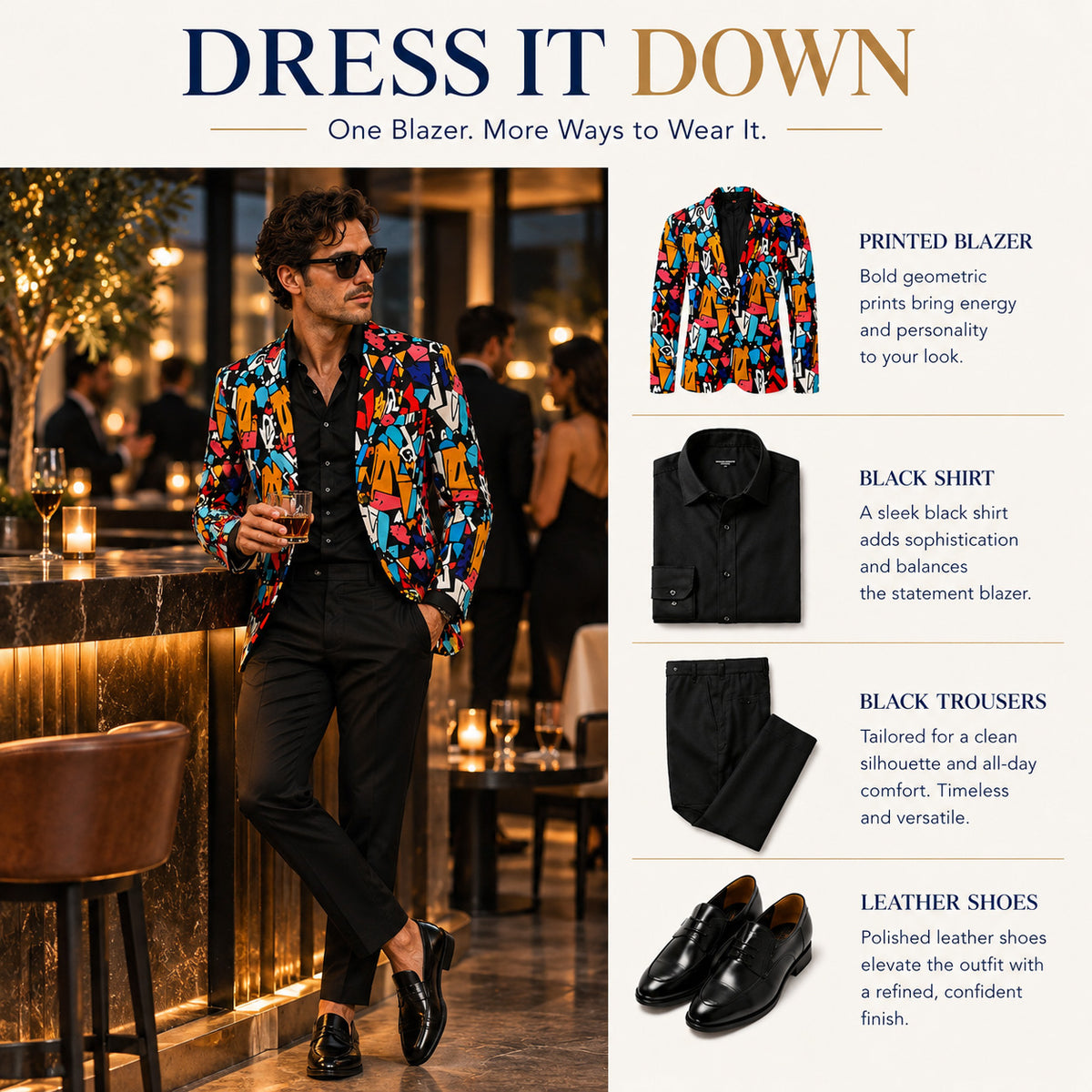 The Statement Look styling guide featuring a printed blazer, black shirt, matching trousers, and leather loafers