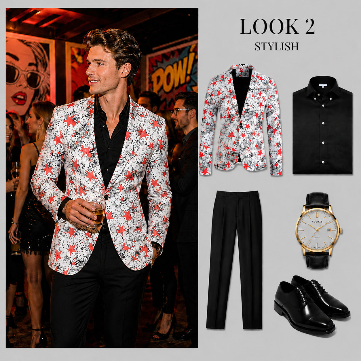 Style guide displaying a men's white graffiti blazer with red stars paired alternatively with tailored black trousers, premium watch, and formal dress shoes.