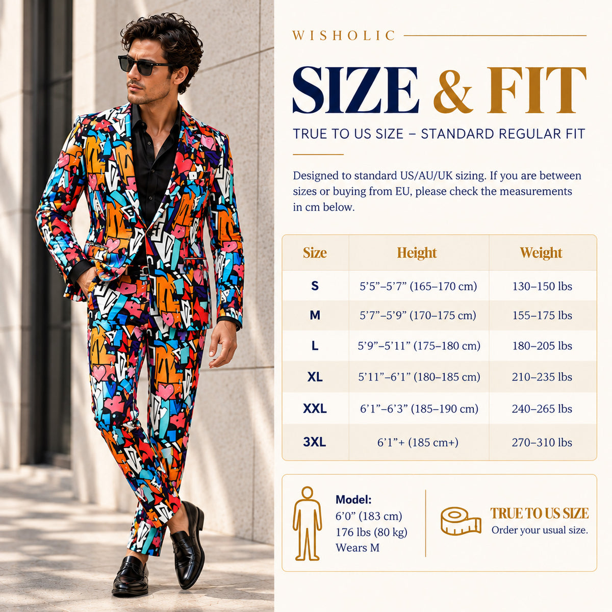 Wisholic men's suit size and fit chart with US sizing measurements and model stats