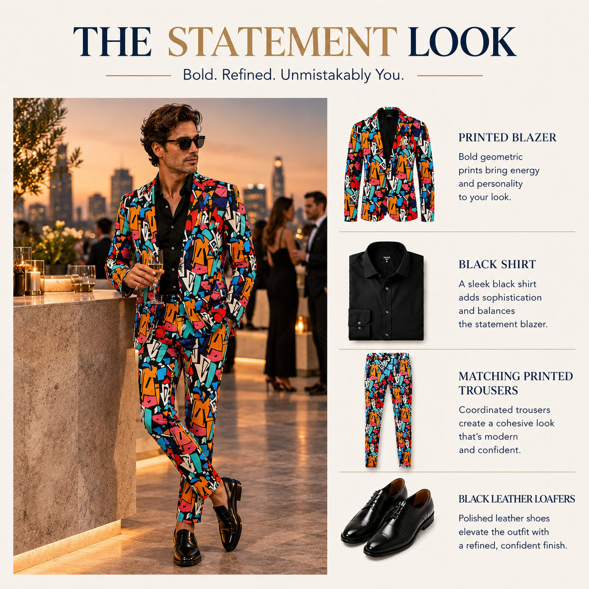 Dress It Down styling guide featuring a graffiti printed blazer paired with black trousers
