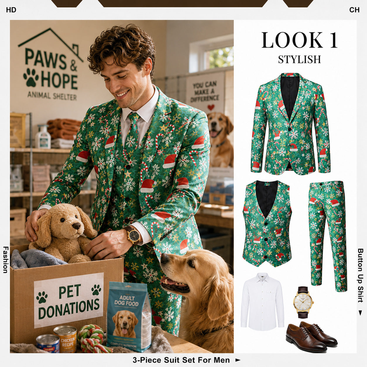3-piece green Christmas printed suit set breakdown and lifestyle look by WISHOLIC