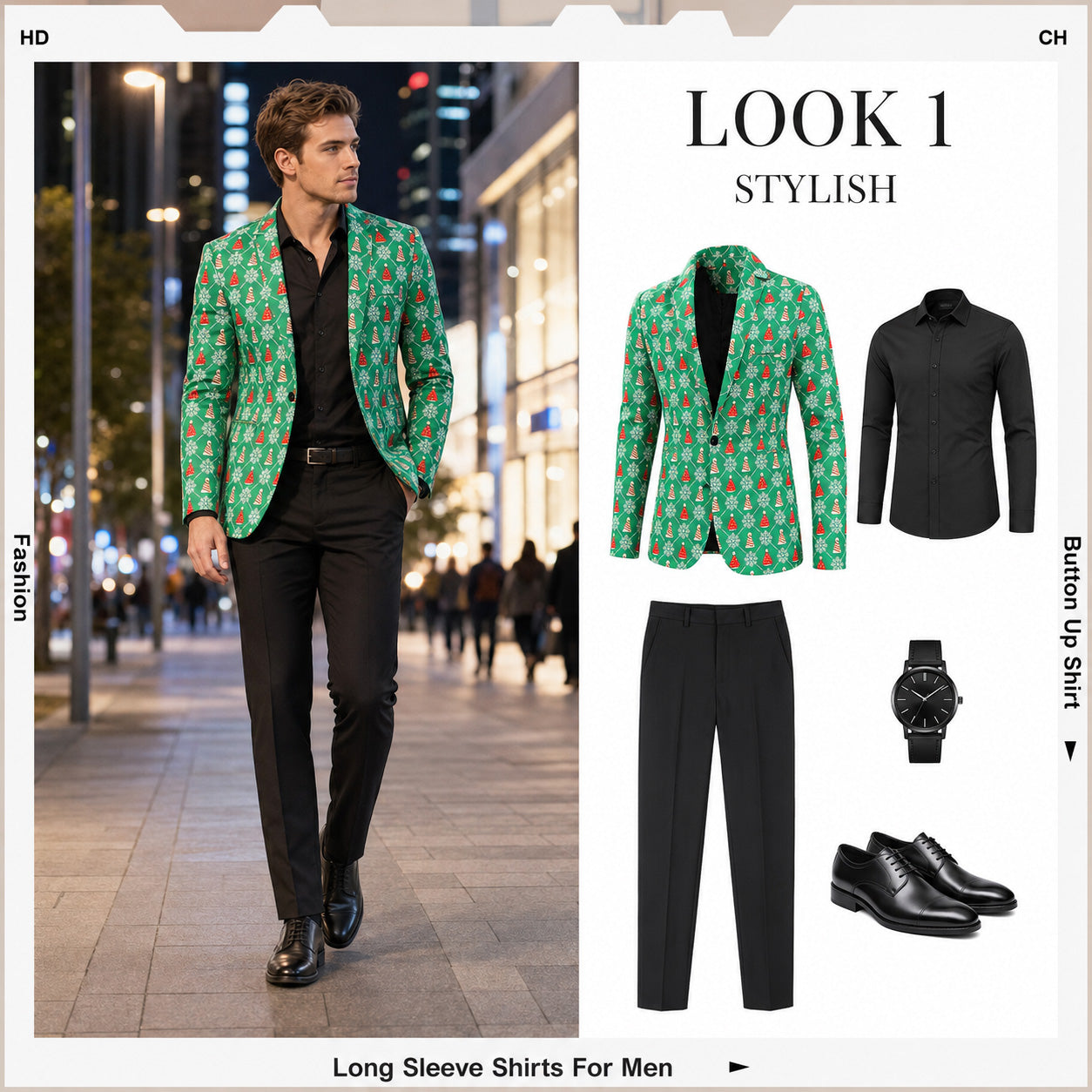 Men's green Christmas printed blazer styled with black dress pants and dress shoes