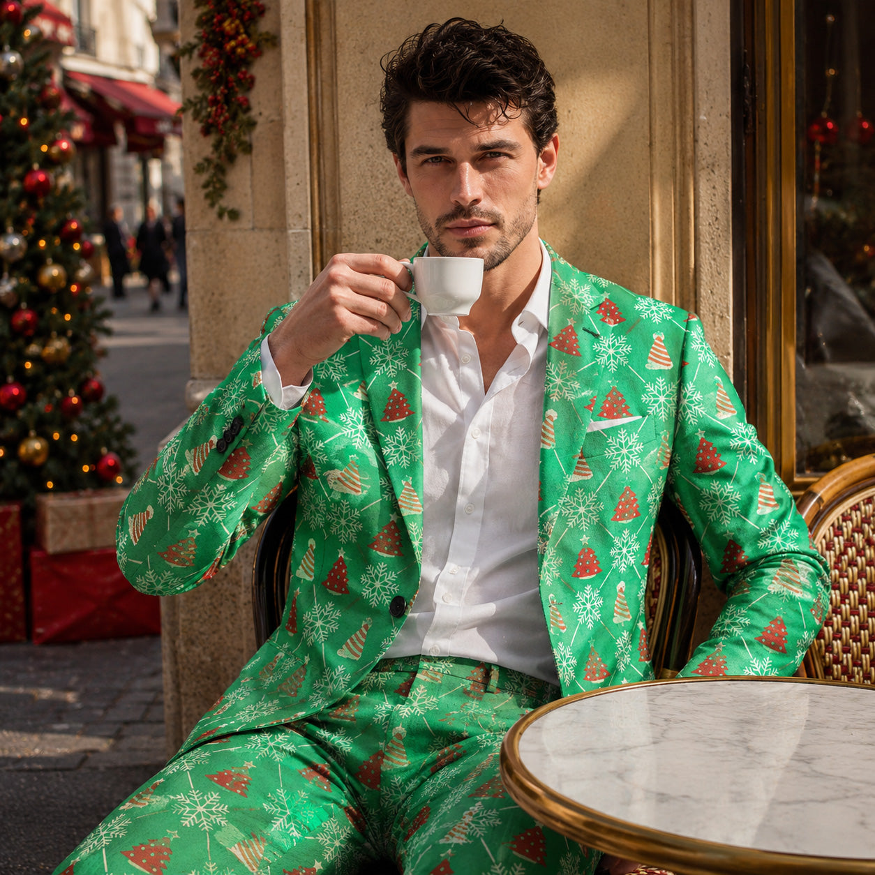 Handsome man wearing a green festive Christmas printed suit sipping espresso at an outdoor cafe