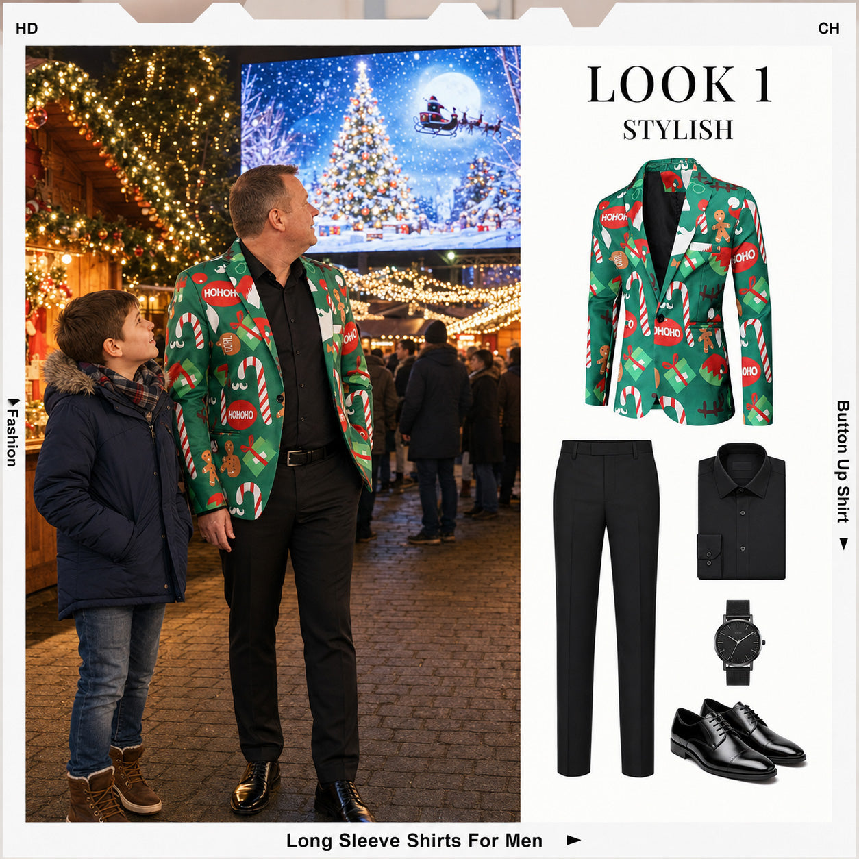 Men's green Christmas printed blazer paired with black trousers look guide by WISHOLIC