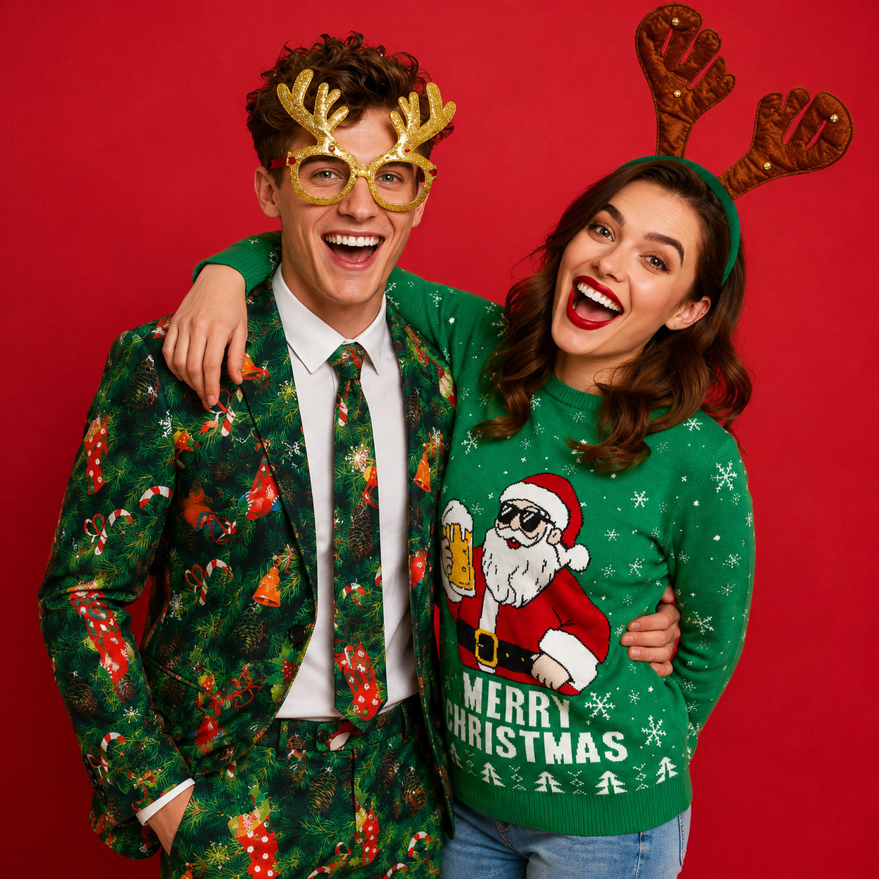 Happy couple posing in festive holiday outfits featuring a man in a green Christmas printed suit by WISHOLIC